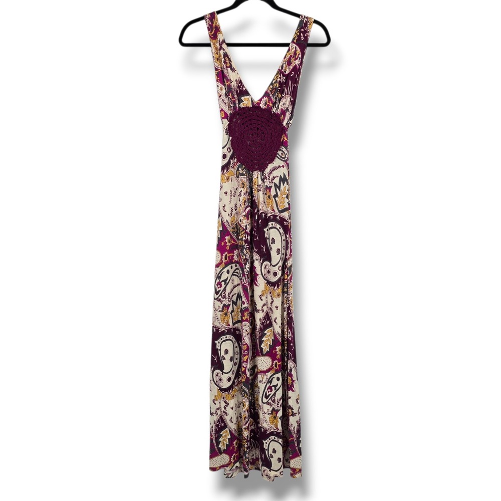 Boho Paisley Maxi Dress Purple Floral Crochet Medallion V-Neck Sleeveless